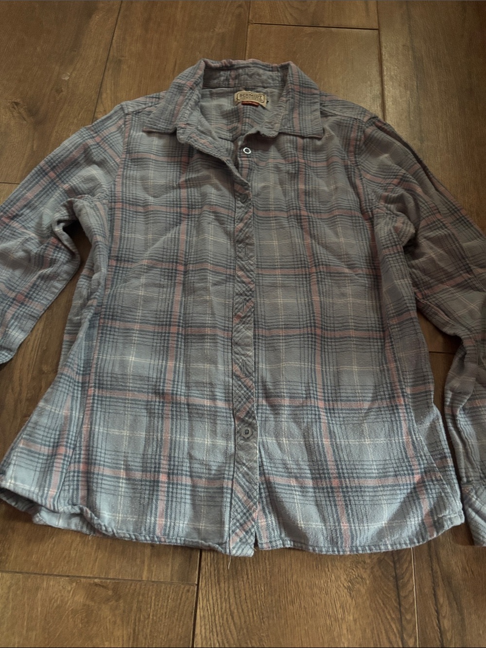 Women's Plaid Button-Down Shirt in Gray with Pink Stripe